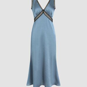 CIDER Brand NWT Blue & Black Satin V-neck Lace Midi Dress Size XL Slip